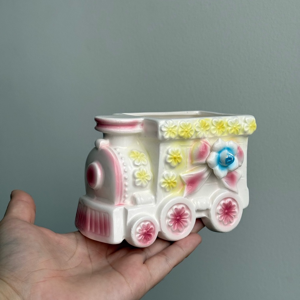 Vintage 60s Napco Porcelain Plant Pot Nursery Decor Train Japan - Picture 3 of 14